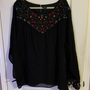 Torrid Black Blouse with Vibrant Floral Embroidery